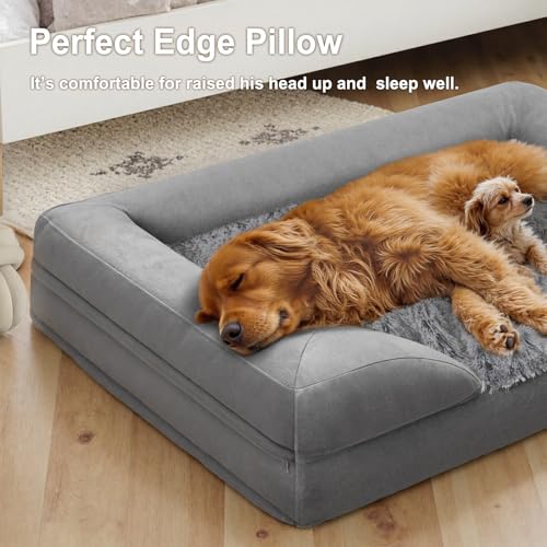 Gimars 9,5 cm Dickes XL Orthopädisches Hundebett für Sehr Grosse Hunde, Stützendes Hundesofa mit 28D Eierkarton-Schaum, Abnehmbarer Waschbar Plüschbezug, wasserdichte Innenhülle, Quadrat