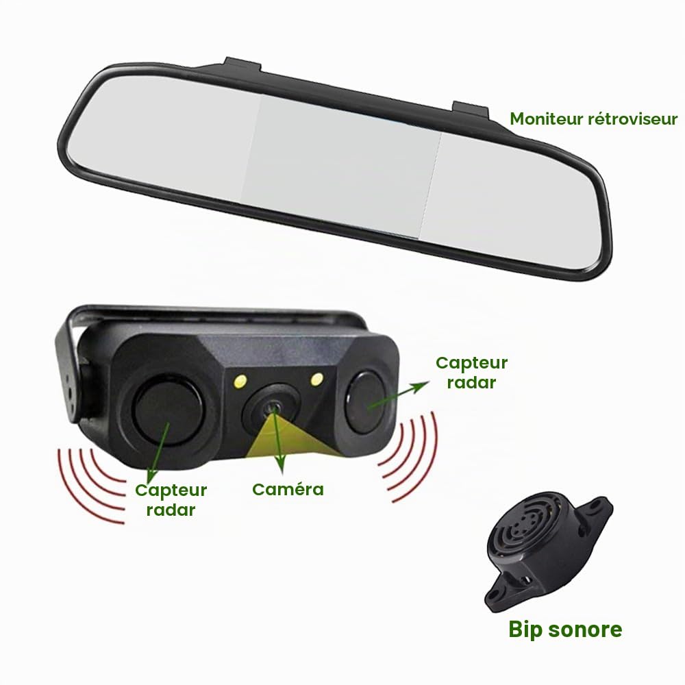 Baceyong Radar de recul Voiture, Écran LCD de rétroviseur de Voiture de 4,3 Pouces + caméra de recul 170° capteur Radar de stationnement, pour rétroviseur de Voiture