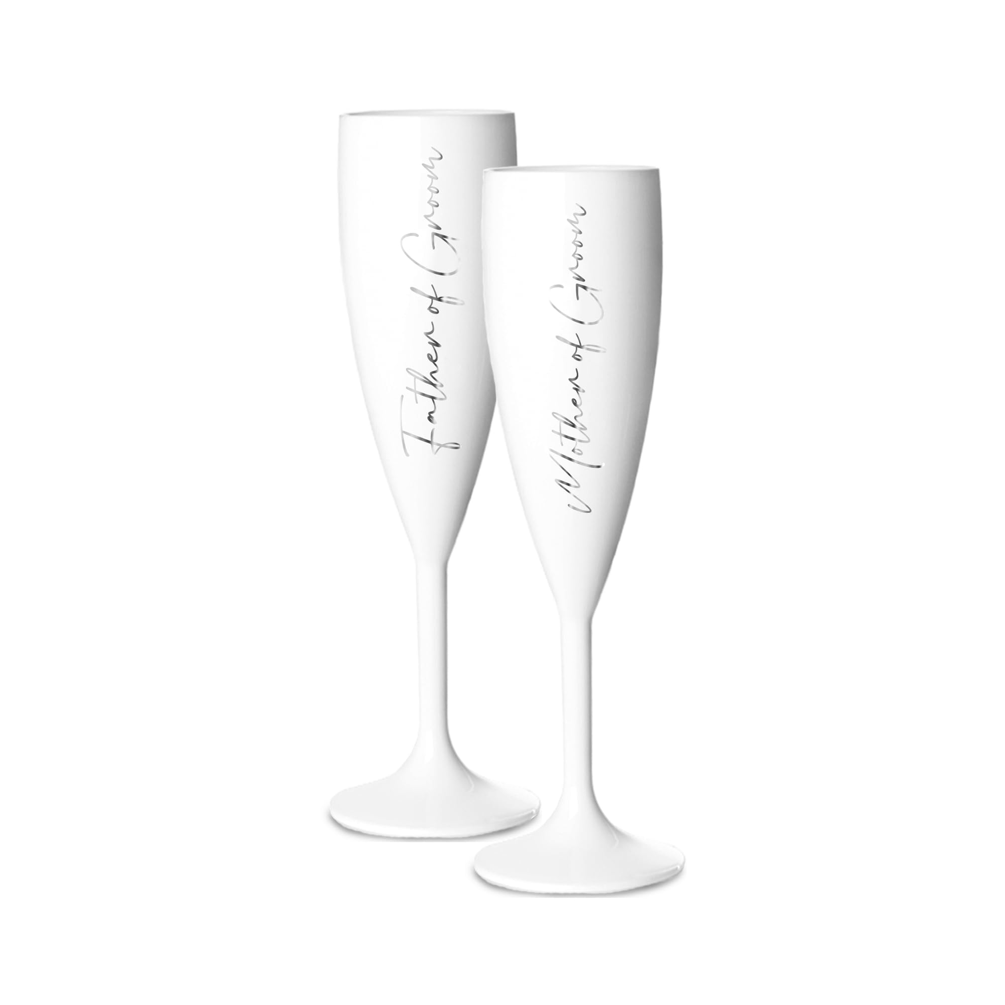 Print Maniacs Champagne Premium White Flute Glass Bride Groom Mr Mrs Wedding Maid Honour Wine Cocktail Prosecco Celebrations Gift (Silver, Mother + Father Groom Side Set)