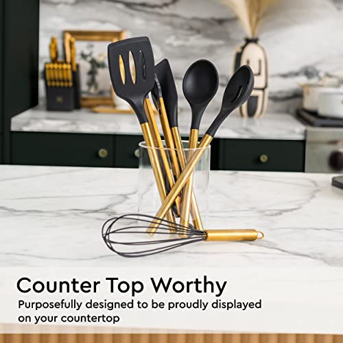 Black And Gold Kitchen Utensils Set 6Pc Black Silicone Utensils Set Includes: Gold Tongs, Gold Whisk, Gold Serving Spoon, Gold Spatula & Turner-Black And Gold Kitchen Accessories & Gold Kitchen Decor #TOP1