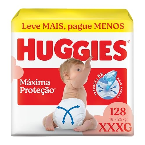 Fralda Descartável Huggies Máxima Proteção Tamanho XXXL 128 unidades – Fralda aberta com t...