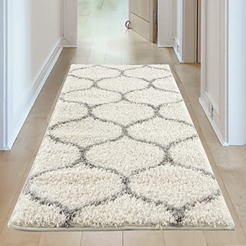 THE RUGS Shaggy Rug, Modern Moroccan Design Rugs for Living Room Bedroom, Hallway, 3 cm Thick Area Rugs, (Trellis Ivory/Grey - Image 2