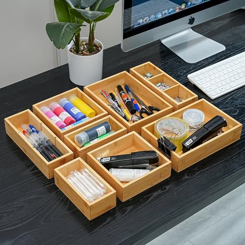 Fabsome Drawer Organizer, Set of 9 Bamboo Wood Kitchen Makeup Desk Junk Tea Drawer Storage Boxes Bins for Cutlery Silverware Utensils Flatware, Small Wooden Container Tray for Bathroom, Office - Image 4