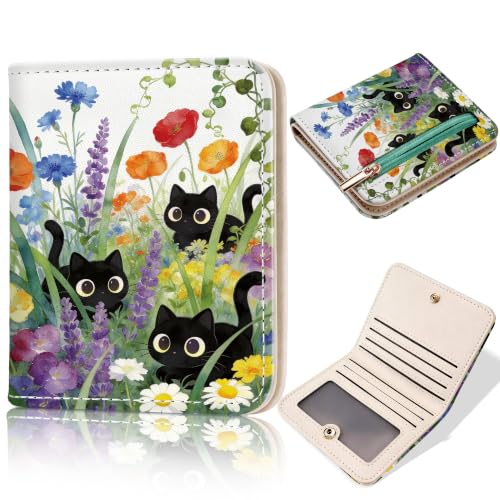 Toughergun Black Cat Flower Floral RFID Small Wallet Women, Slim Thin Vegan Leather Bifold Wallet with Zipper Coin Pocket & ID Window, Cute Mini Travel Credit Card Holder for Women Ladies Teen Girls