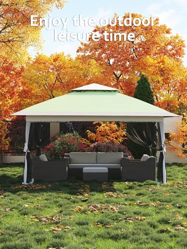 Hipicute 13 X 13FT Pop Up Gazebo, Canopy Tent,Gazebos on Clearance,Patio Folding Canopy with Mosquito Netting - Backyard Tent for Party,Wedding, Outdoor Dining, Patio, Backyard (Olive Green+Hemp Grey)