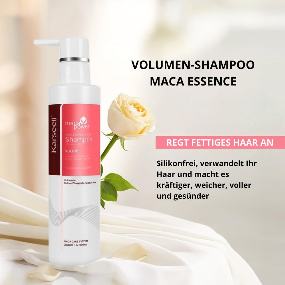 Karseell MACA CARE SYSTEM Set Volumen Shampoo + Reparierender Conditioner Arganöl Panthenol Volumen Reparatur Feines Trockenes Geschädigtes Haar Ohne Sulfate und Parabene 200ml x2