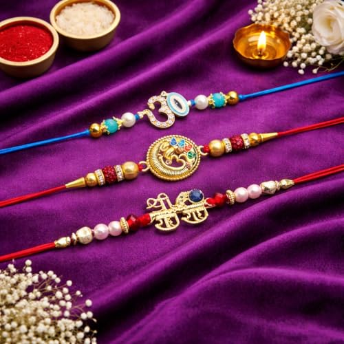 Image of Jaipur Ace Designer Kundan Rakhi with Lumba for Bhaiya Bhabhi | Premium Raksha Bandhan Thread for Brother & Sister-in-Law | Fancy Stone Work Bracelet with Tassel | Traditional Festival Gift (SET OF 3)