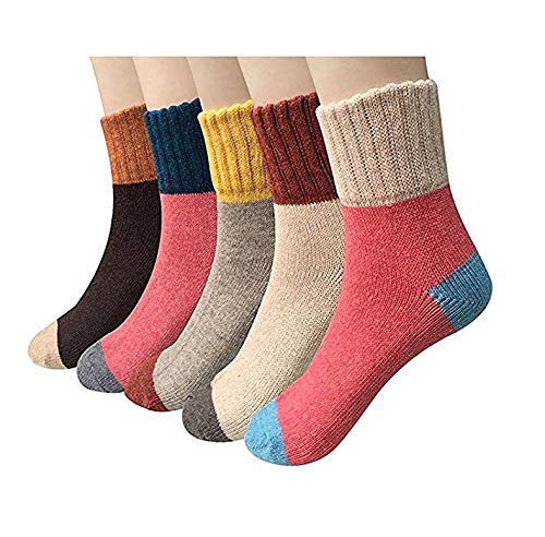 AeossWomen's 5 Pairs Vintage Style Winter Knitting Wool Crew Socks, Free size Multi color