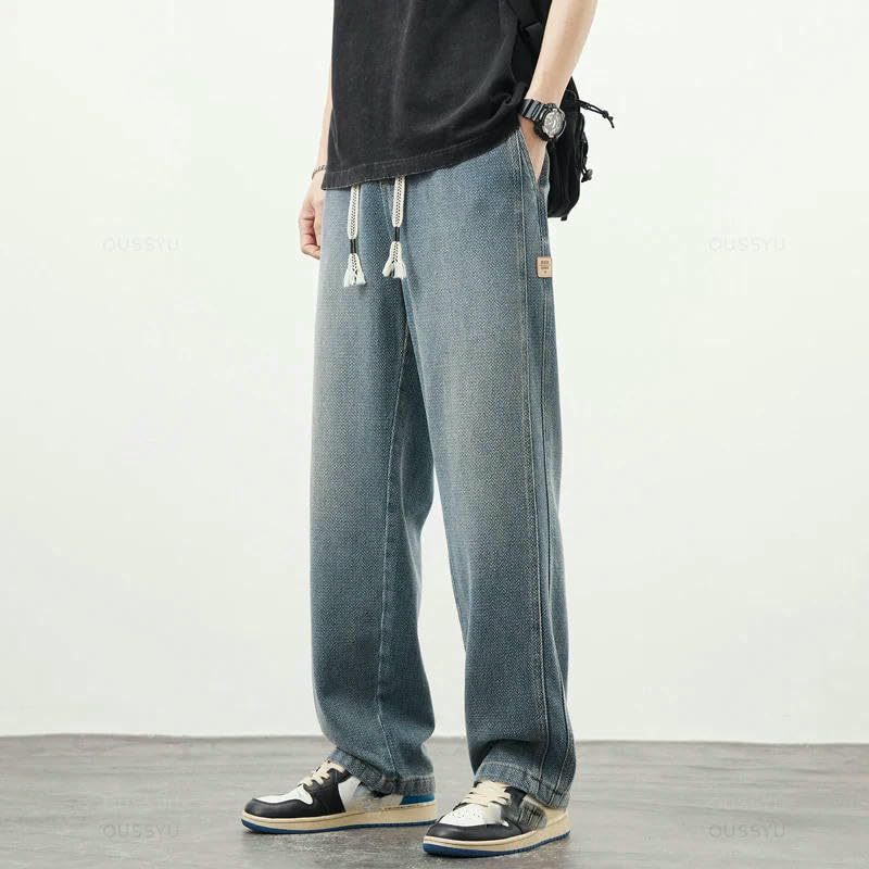 Men’s Casual Loose Fit Wide Leg Denim Pants Drawstring Waist Vintage Baggy Streetwear Jeans Trousers2