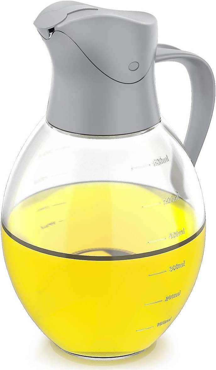 Oil Dispenser Bottle,Updated Cooking Container Bottle 20.5 oz Glass Olive Oil Dispenser Non-Drip Kitchen Vinegar Barbecue Marinade Dispenser Bottle With Scale and Non-Slip Handle for Kitchen (Grey)