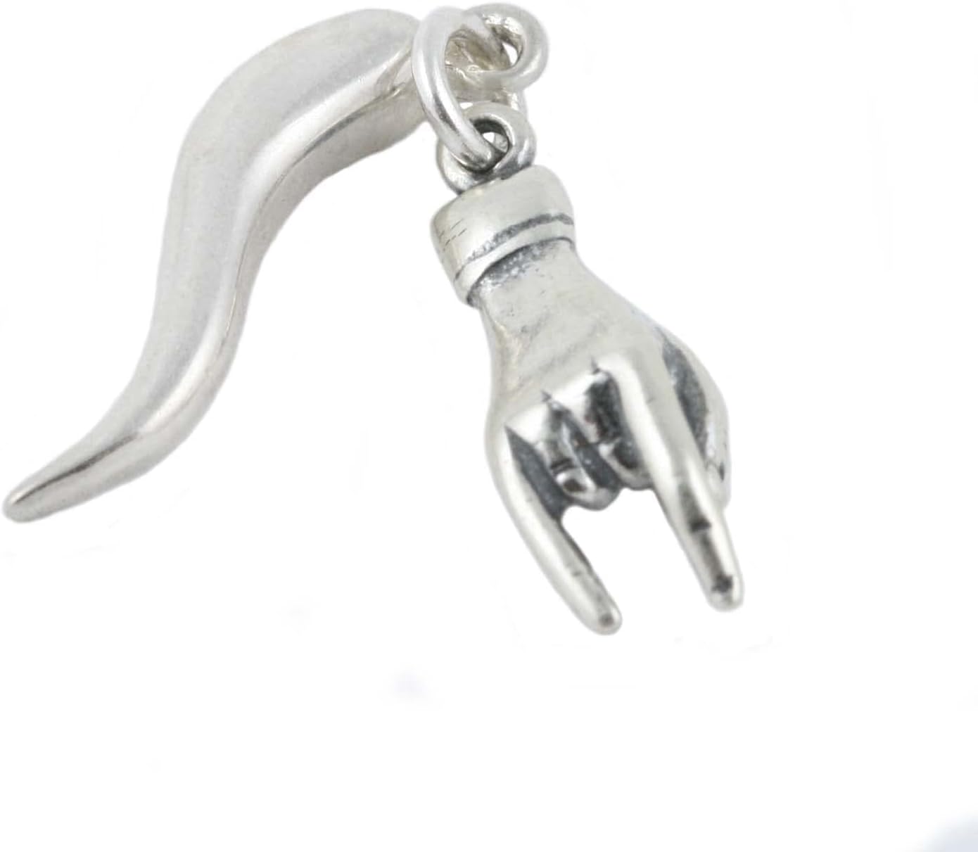 Italian Good Luck Hand Mano Cornuto and Cornicello Corno Horn 3D 925 Solid Sterling Silver Bracelet Charm Pendant Jewelry Making Supply