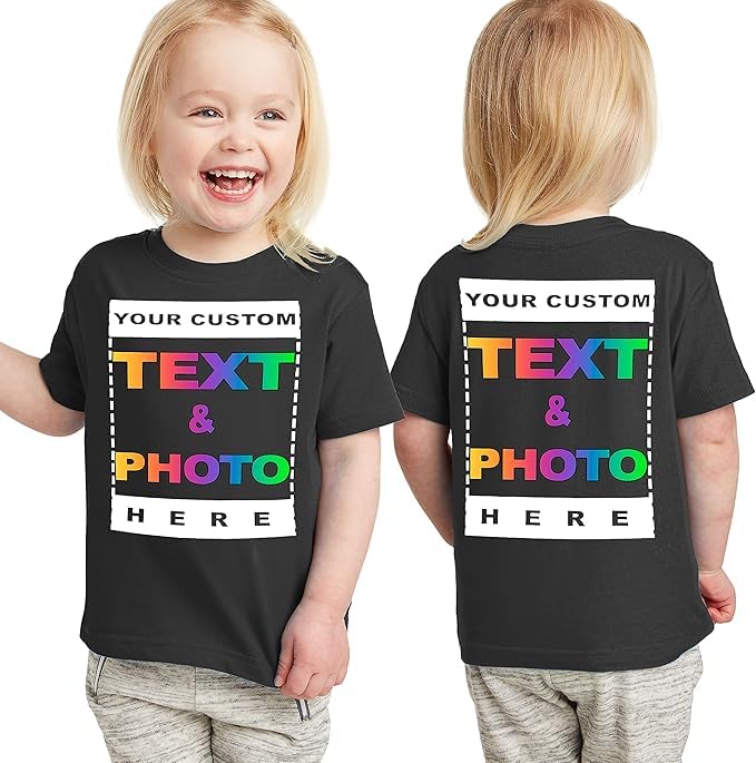 Personalized Toddler T-Shirt for Kids Boys Girls - Custom Image & Text - Customized Front/Back Print - 2T Black
