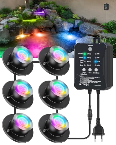 HIBOITEC Teichbeleuchtung LED Unterwasserbeleuchtung mit Niedervolt Transformator Timer und Photozellensensor, RGB Poolbeleuchtung Unterwasser Licht, IP68 Wasserdicht Teichlicht für Pool Teich Garten