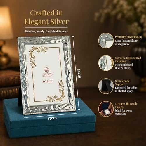 Image of DIVINITI German Silver Photo Frame 5x7 Inch | Luxury Silver Plated Picture Frame for Table & Wall Decor | Elegant Engraved Design with Stand | Premium Gift Frame for Home Decor & Gifting