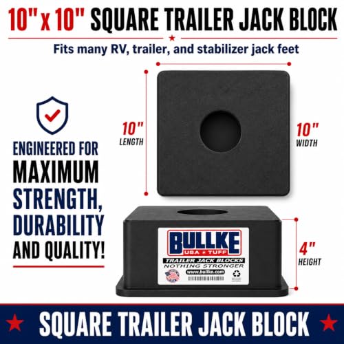 Image of BULLKE Square Trailer Jack Blocks 4-Pack, USA-Made Heavy Duty RV Leveling Blocks, Stabilizing Jack Pads for Camper, 5th Wheel, Tongue Jack, Post Jack, Foot Jack & Scissor Jack, Recycled Plastic