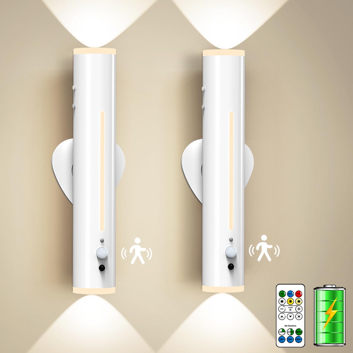 Moslumin 2 Piezas Apliques Pared Dormitorio Sin Cable, Lamparas Pared Recargable con Sensor de Movimiento, Magnetica 360° Giratorio Metal, Luces LED Pilas Inalambrica para Interior, Exterior, Estar