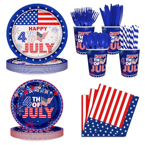AIBIIN 192pcs American Flag Patriotic Party Decorations for Happy 4th of July Plates, Cup, Napkin, Tableware, Independence Day Party Supplies Plates Serve 24 Guests