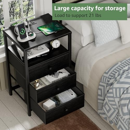 Image of BOLUO Black Night Stand with 3 Fabric Drawers, Nightstand with Charging Station LED Nightstand for Bedroom, Bedside Table with USB Ports and Outlets Modern