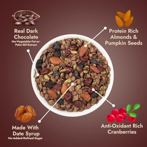 Image of Yolo Roots Dark Chocolate Muesli 400g | No Added Sugar | Oats, Nuts, Seeds & Cranberries | Breakfast Cereal | Crunchy & Ready to Eat Snack | Multigrains Mix