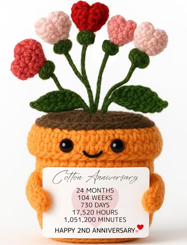 2nd Anniversary Wedding Gift - Handmade Crochet Heart Flower Plush with Cotton Anniversary Message -...