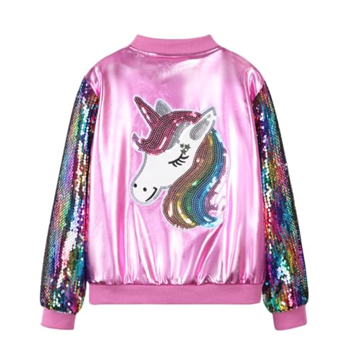WELAKEN Uniocrn Bomber Jacket With Sparkly Sleeve For Girls, Toddler & Kids Sequin Lightweight Flight Jacket