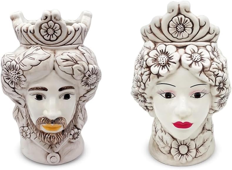 Una Coppia teste di moro regina e re in ceramica siciliana anticato Bianchi decorata stile siciliano (8 x 6 CM)