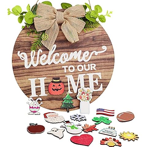 Interchangeable Welcome Sign for Front Door, Seasonal Welcome Porch Sign for 4th of July, Birthday, Halloween, Christmas and Holiday Rustic Door Hanger Decorations Cover