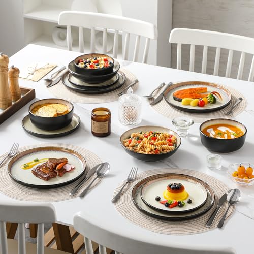 Steingut Geschirr Set 12 Personen Beige, vancasso AMBER Teller Set 12 Personen, Tafelservice 48tlg mit Speiseteller, Dessertteller, Suppenteller, Schüssel, Reaktive Glasur, Hellgelb, Spülmaschinenfest