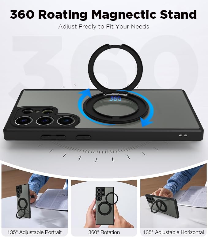 Image of RIGGEAR Shockproof Sleek Hybrid Armor 360 Rotating Magnetic Ring Stand Back Cover Case Compatible with MagSafe Accessories for Samsung Galaxy S23 Ultra (Clear PC + Black TPU Bumper)