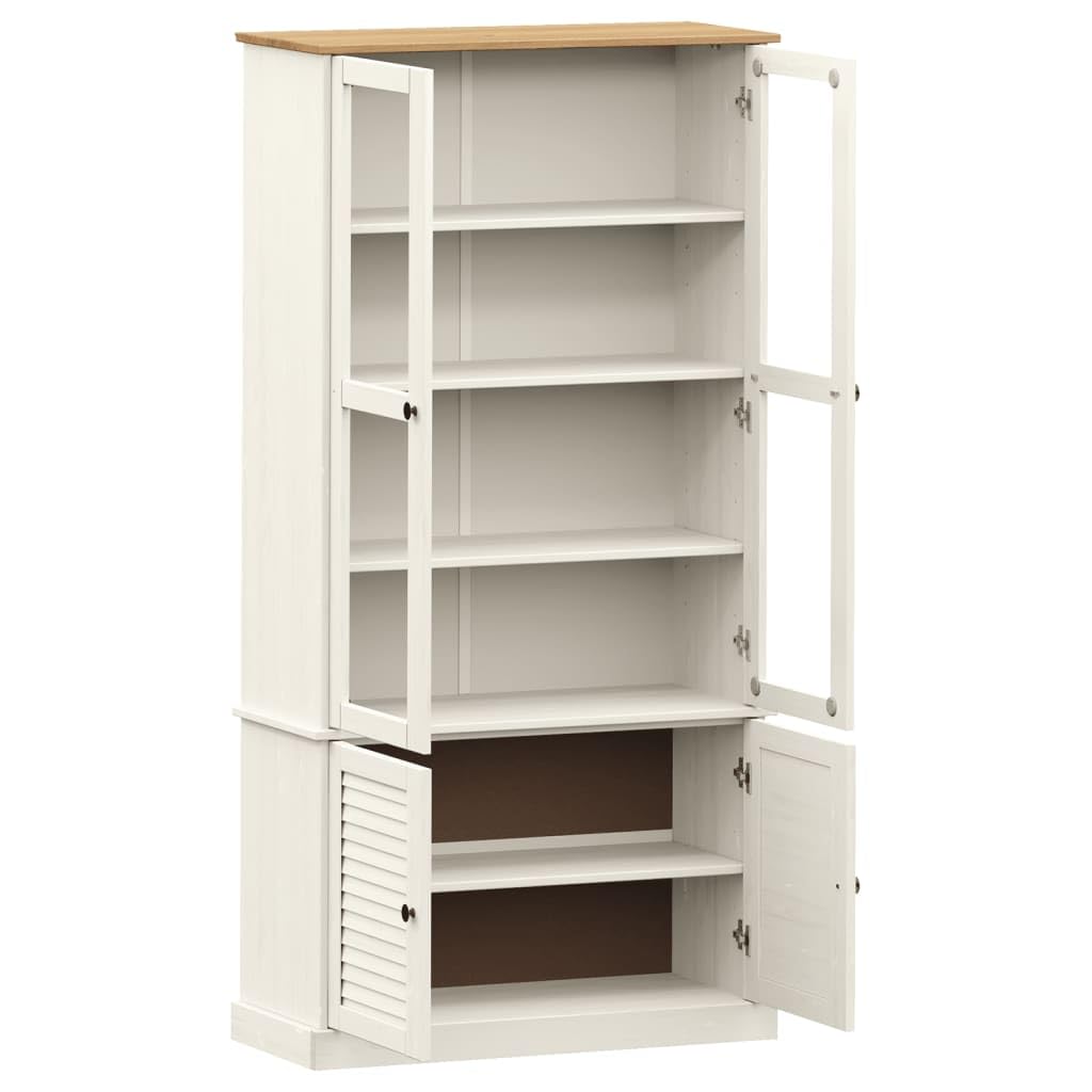 Vitrina VIGO Blanco 85 x 35 x 170 cm de madera maciza de pino con puertas de cristal y botones de metal, armario de vitrina con estantes para tazas y artículos decorativos