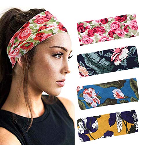 Campsis Boho Turban Headbands Flower Printed Yoga Hair Band Stylish Head Wear Elastic Sports Workout Head Wraps Hair Accessories for Women and Girls (Pack of 4)