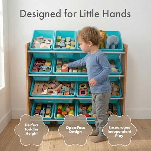 Image of Humble Crew Toy Storage Organizer with 12 Removable Storage Bins for Kids Playroom, 4-Tier Toddler Toy Organization, Natural Wood /Aqua