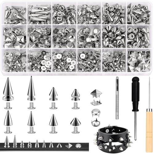 Jollidecor 455 PCS Punk Studs for Clothing 10 Size Metal Spikes and Studs Leather Rivets for Craft Square Pyramid Studs Round Dome Rivets DIY Punk Style Decoration for Clothes Shoes Belts Dog Collar
