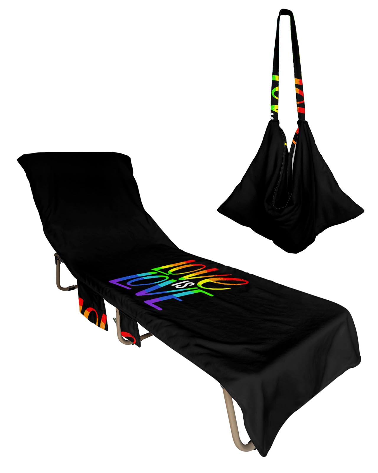 Rainbow Love Valentine's Day Beach Lounge Chair Towel Cover, Soft Chaise Lounge Towel with Side Pockets Patio Pool Chairs Cover for Beach/Pool Sunbathing 29x85 Black Coloful Love Words