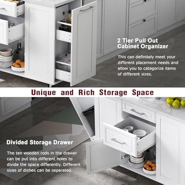 Kitchen Island with Tilt Trash Can Compartment Pull Out Double Tier Organizer Drop Leaf Design 2 Drawers 1 Cupboard Rolling Cart on 5 Wheels Lockable Brakes CARB Certified MDF Construction (White)-Dsn7U8Yd