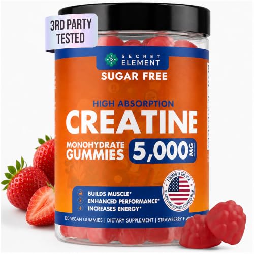 Image of Secret Element Creatine Monohydrate Gummies 5000 mg per Serving, Sugar Free Vegan Gummies, Non-GMO, Creatine Chews for Women & Men, 30 Servings, 120 Gummies, Strawberry Flavor