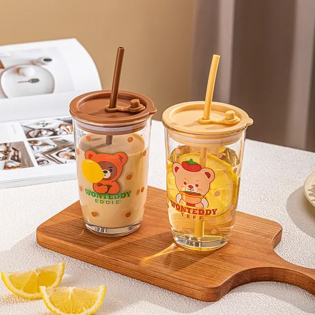 KiKiluxxa Glass Sipper With Lid And Straw Tumbler With Straw, 400 Ml-Set Of 1 - Cartoon Print, Fruit Juice Milk Glass Cup With Straw -Random Design (CR Lwezox 1), Assorted