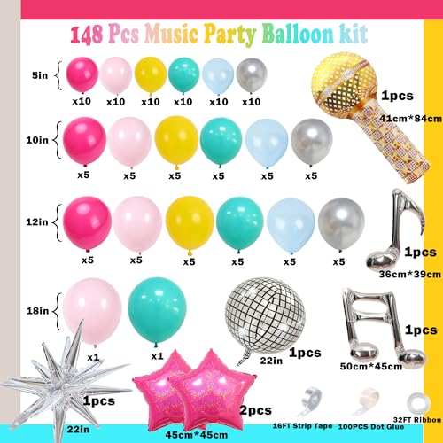 Image of Music Fans Birthday Decoration,148 Pcs Balloon Arch Garland Kit with Microphone, Laser Star, Disco Mylar Balloon for music fans theme teenage girl Birthday Party Prom Decorations