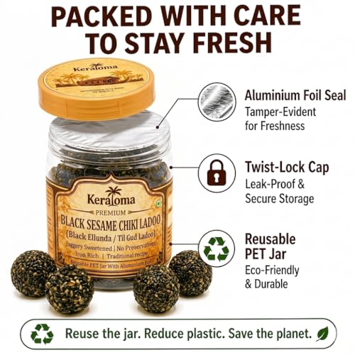 Image of Keraloma Premium Black Sesame Chikki Ladoo 150g (Karutha Ellunda) | Til Gud Ladoo | Jaggery Laddu | Traditional Healthy Indian Sweet Snack | Rich in Calcium & Iron | Source of Plant-Based Protein | Naturally Sweetened with Jaggery | No Preservatives or Added Colours | Handmade Traditional Recipe | Reusable PET Jar for Prestige Gifting