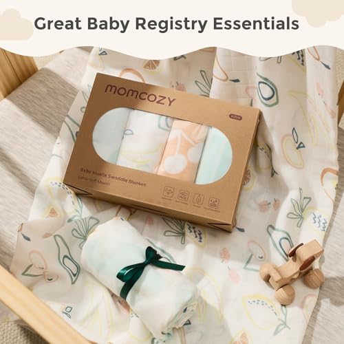 Image of Momcozy Muslin Swaddle Blankets, 4-Pack Breathable and Skin-Friendly Receiving Blankets, Best Wishes Swaddle Blanket Shower Gifts & Baby Registry Essentials, Large 47 inchx47 inch, Fruits Party