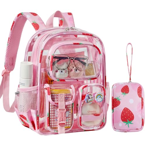 Unineovo Mini Clear Backpack for Stadium Approved 12x6x12, Small Transparent Backpacks Plastic See Through Clear Bag for Kids Grils Women for Sporting Event, Concerts, Work, Festival (Strawberry)