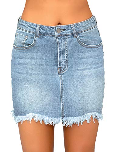 Luvamia Women'S Casual Mid Waisted Washed Fringed Pockets Denim Jean Short Skirt Blue Size Large thumb #3