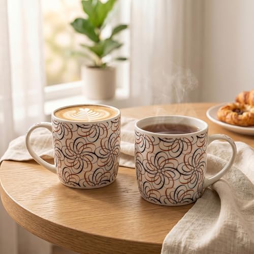 Image of UPC Coffee Mug Set of 6 | White Abstract Line Art Floral Print | Brown & Black Swirl Flower Pattern |Bone China Tea & Coffee Cups | Microwave Safe | Home & Kitchen