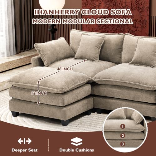 Image of Ihanherry 77 inch L Shaped Modern Sofa Modular Sectional Luxurious and Comfortable with Ottoman, 3-Seat Chenille Deep Seat Sofa with Pillow for Living Room, Bedroom and Apartment,Sand