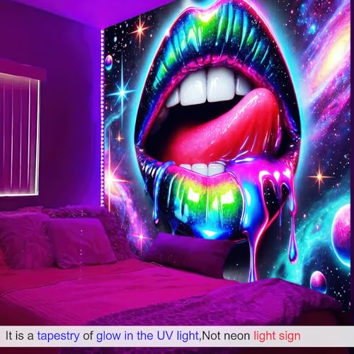 Image of BlissYard Blacklight Tapestry UV Reactive Tapestry Wall Hanging 78x59 Inches Cosmic Rainbow Lips Wall Hanging, Fluorescent Art Decoration for Bedroom, Living Room, and Parties