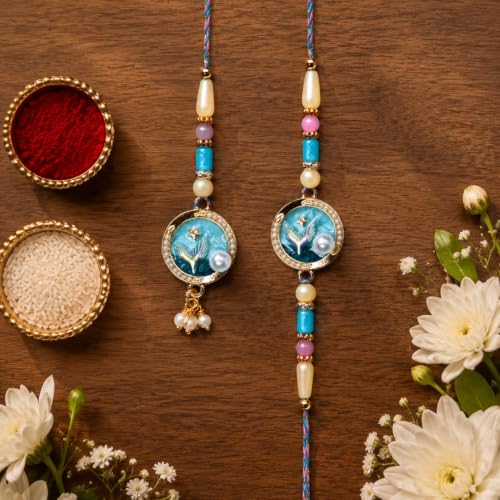 Image of Oblivion Designer Stylish Multicolor Lumba Rakhi Combo for Brother Bhaiya Bhai with Ganesha Thali, Roli Tikka, Silver Color Pooja Coin & Greeting Card | Raksha Bandhan Festival Gift Set | Pack of 5