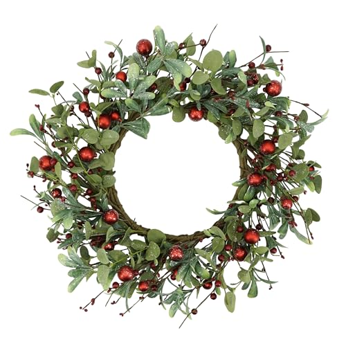 Image of YNYLCHMX 20 Inch Christmas Wreath for Front Door, Winter Wreath with Welcome Sign Eucalyptus leaves Red Berry, Artificial Door Xmas Wreaths for Window Wall Fireplace Farmhouse Holiday Party Decoration
