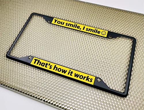 Image of Personalized with Custom Text Design - 4 Hole Black Metal Laser Engraved US Standard Size - Car License Plate Frame with Free caps - Yellow /Black Text (Qty: 1 Frame)
