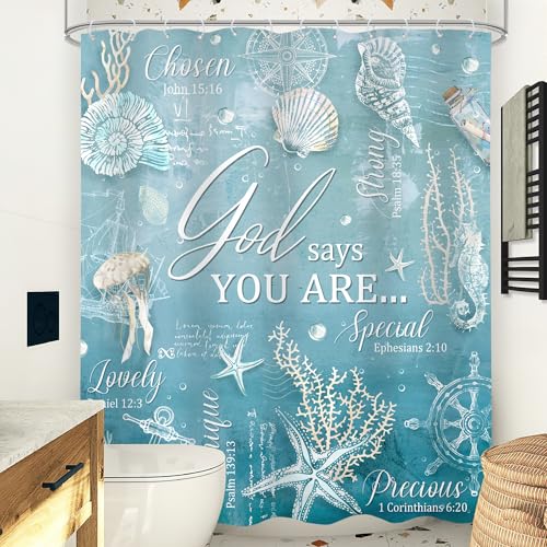 Omifly Blue Ocean Beach Bible Verse Shower Curtain 60Wx72H Inch Starfish Seashell Inspirational Quotes Nautical Christian Scriptures with 12 Plastic Hooks Fabric Waterproof Toilet Accessories Decor - Image 4