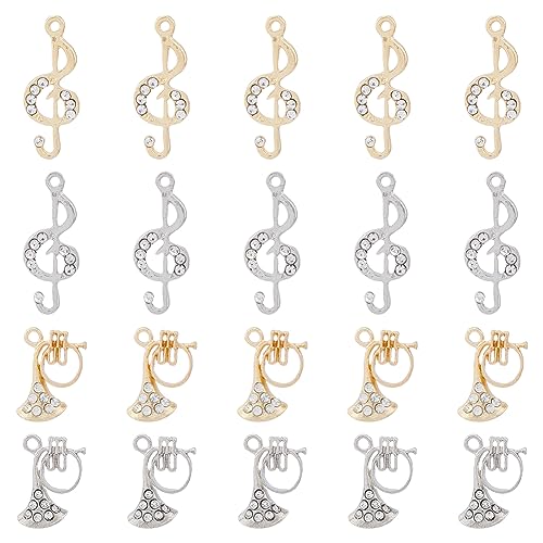 SUPERFINDINGS 20Pcs 4 Style Rack Plating Charms Alloy Rhinestone Pendants Platinum Golden Musical Note Instruments Charms Sparkling Rhinestone Charms for Jewelry Making Hole: 1.5~2mm